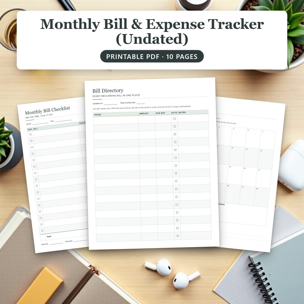 Bill Tracker Printable with Expense Tracker and Subscription Log — printed pages