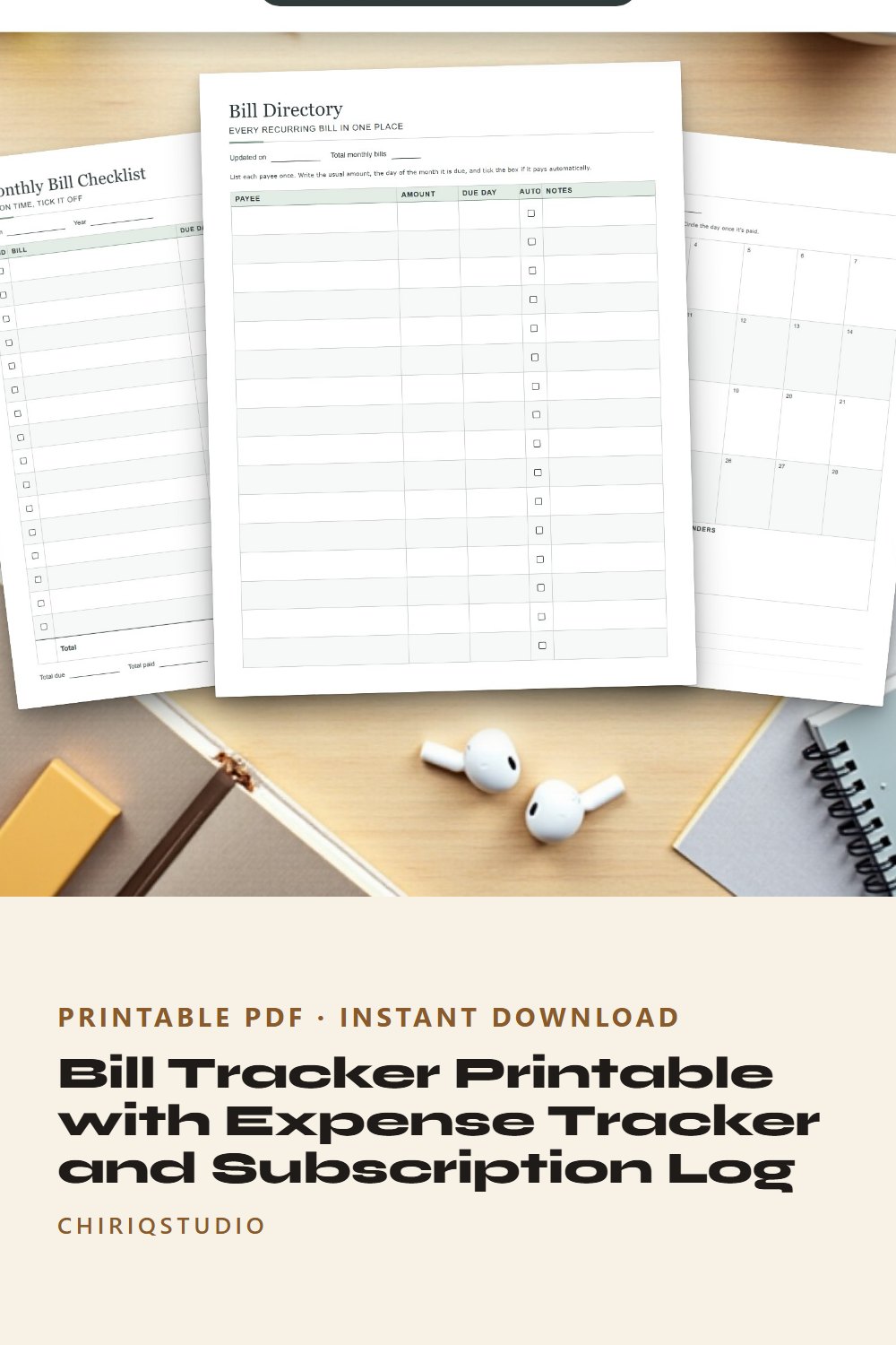 Bill Tracker Printable with Expense Tracker and Subscription Log